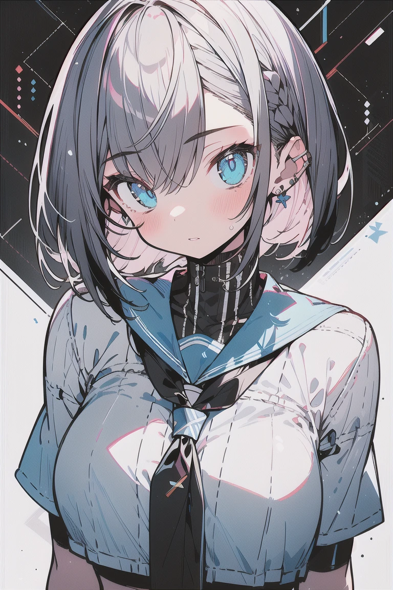 (best quality), (Super detailed), (Best Illustration), (masterpiece), score_9, score_8_up, score_7_up, (4k), (1woman), (white serafuku), (large breasts), {brown hair, (sideburns), (bob cut:1.3), curly hair, hairs between eyes, colored inner hair}, blue eyes, parted lips, expressionless, blush, earring, cyber city