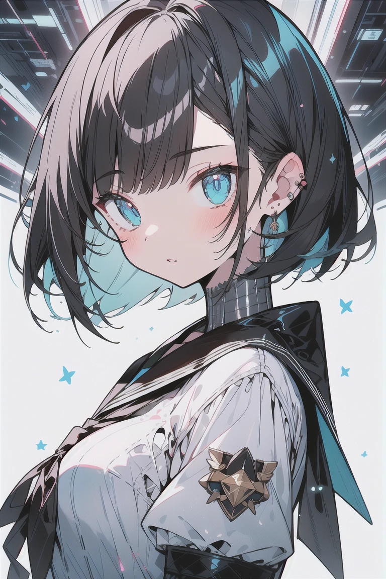 (best quality), (Super detailed), (Best Illustration), (masterpiece), score_9, score_8_up, score_7_up, (4k), (1woman), (white serafuku), (large breasts), {brown hair, (sideburns), (bob cut:1.3), curly hair, hairs between eyes, colored inner hair}, blue eyes, parted lips, expressionless, blush, earring, cyber city 