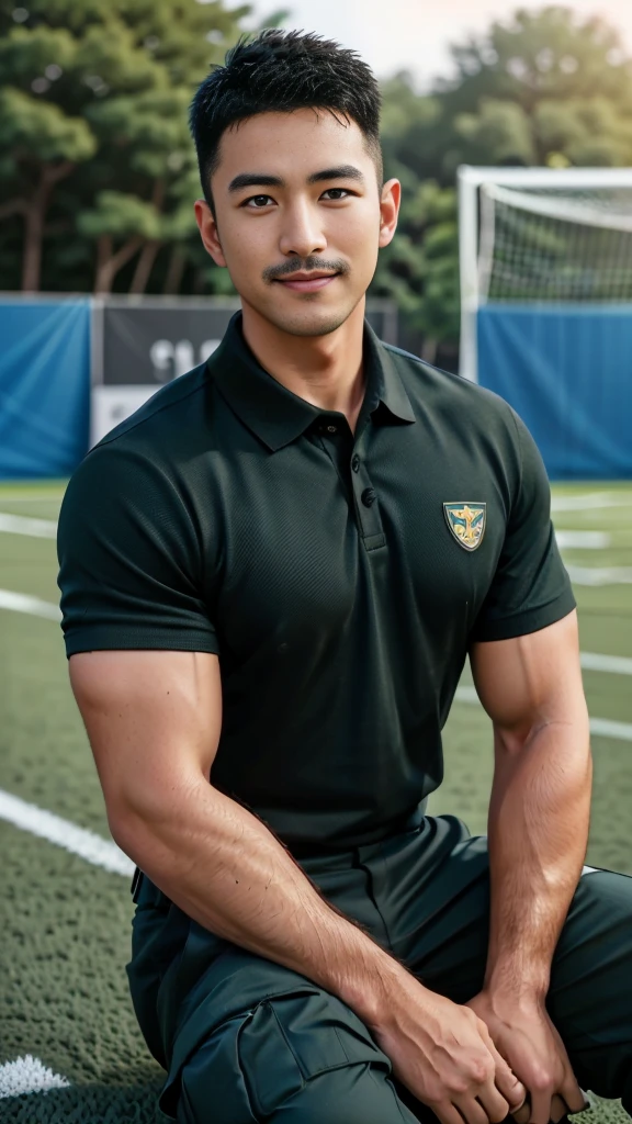 Masterpiece, best quality, high resolution, realistic, handsome, Take beautiful photos, A photo of a 35-year-old Gym Association member sitting on the floor. (The man has a thin mustache.) ,Full body, Portrait, standing on the football field, make military media, weight, Amazing , Buzzcut short hair,stubble head , (Hyper Muscle),looking at the audience, Flirt with the camera, charming, (Tight dark green polo shirt Cargo pants ),(GS-Male:1), 8k,Bokeh,Portrait,look at the viewer, smile