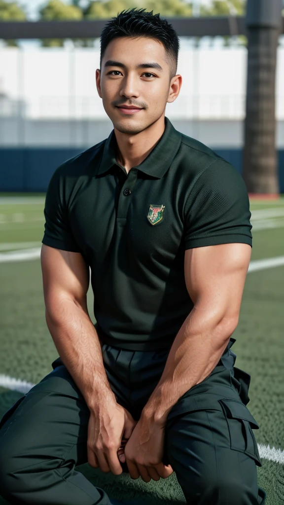 Masterpiece, best quality, high resolution, realistic, handsome, Take beautiful photos, A photo of a 35-year-old Gym Association member sitting on the floor. (The man has a thin mustache.) ,Full body, Portrait, standing on the football field, make military media, weight, Amazing , Buzzcut short hair,stubble head , (Hyper Muscle),looking at the audience, Flirt with the camera, charming, (Tight dark green polo shirt Cargo pants ),(GS-Male:1), 8k,Bokeh,Portrait,look at the viewer, smile
