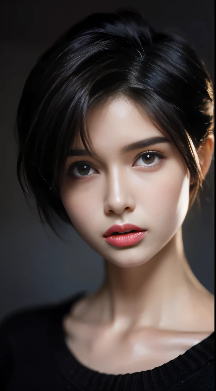 (high resolution,Practical) Short hair handsome tomboy girl, rugged, Ease: pencil drawing, Detailed facial features, Determine the expression, Dark background