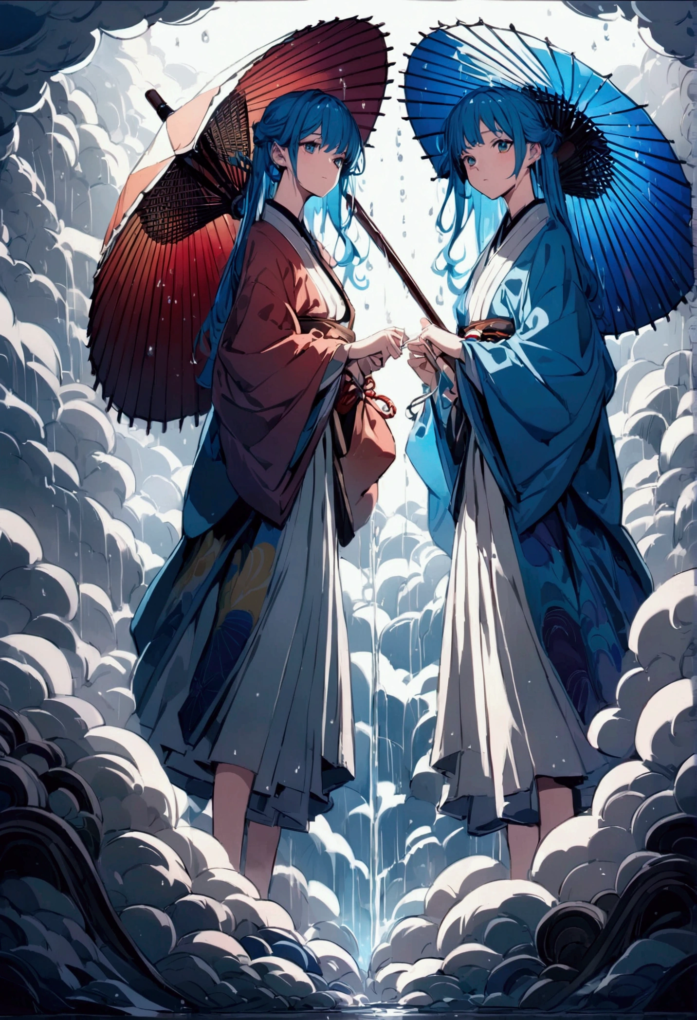 Anime style, ultra-detailed, 8K, blue-haired girl with a traditional Japanese umbrella, with rainbow-colored gem rain pouring down.