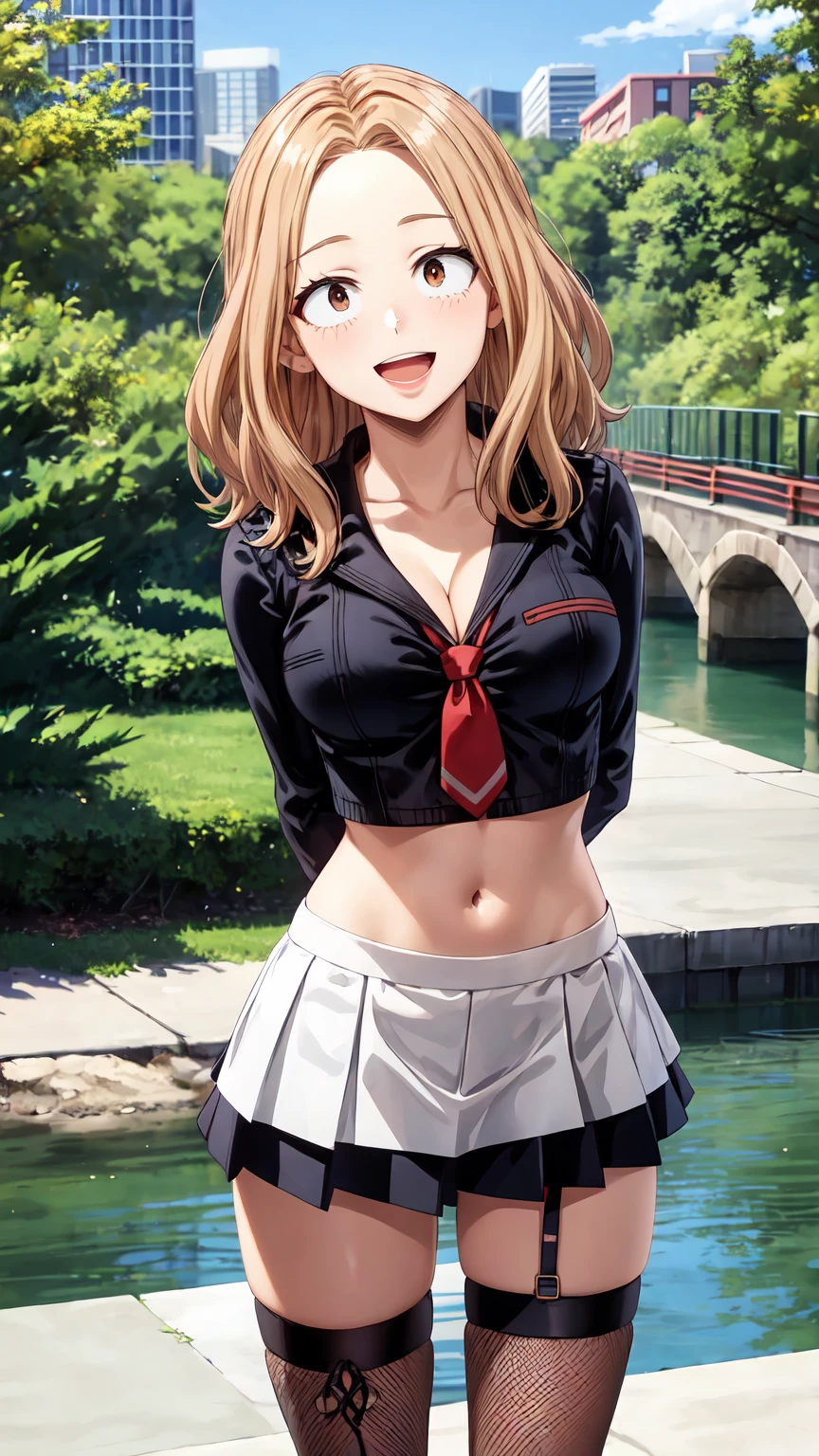 Masterpiece ,best quality , high resolution , ultra detail , (1 girl solo:1.3) , (Camie , brown hair , brown eyes) , (wear sailor , tie , thigh strap , miniskirt , fishnet stockings , Fishnet socks) , belly m navel , (standing:1.25) , (cleavage:1.3) , (medium breast:1.3) , ( full face blush , shy , smile , open mouth) , (arms behind back , hands behind back) , outdoor , tree , cherry bolossom , on bridge , river , city , (face view , look at view , front view , stanging , cowboy_shot) , (wide angle , ultra detail eyes , perfect face , ultra detailed hair and face) ,