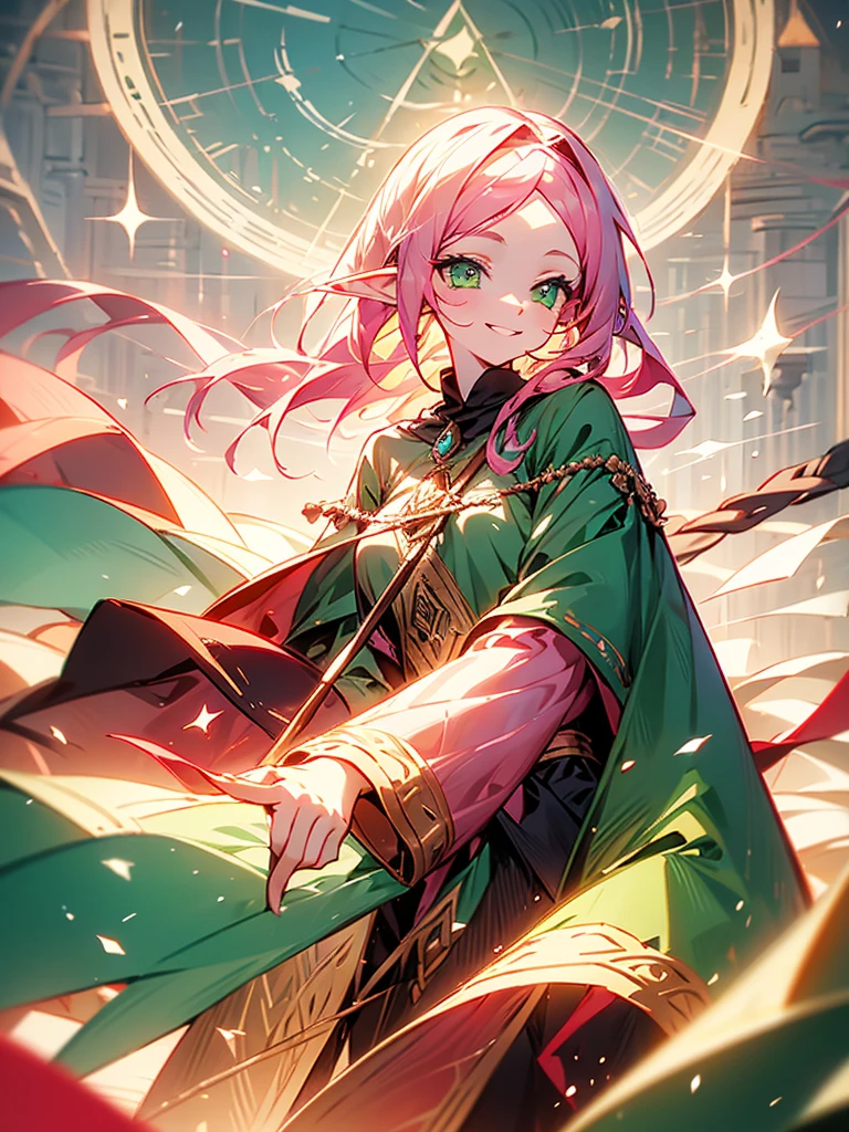 An elf girl with pink hair and green eyes. Her hair is long. There are strands or bangs on her forehead. Holding a large staff, wearing a cloak, smiling gently.