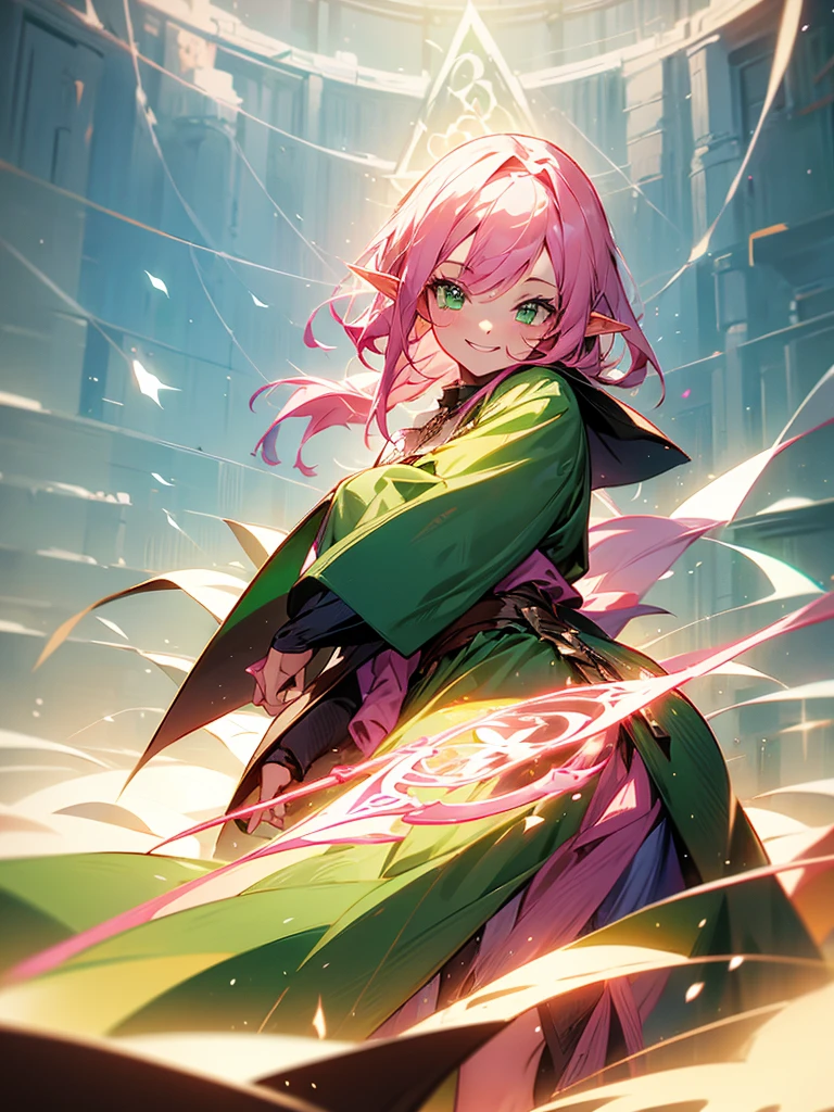 An elf girl with pink hair and green eyes. Her hair is long. There are strands or bangs on her forehead. Holding a large staff, wearing a cloak, smiling gently.