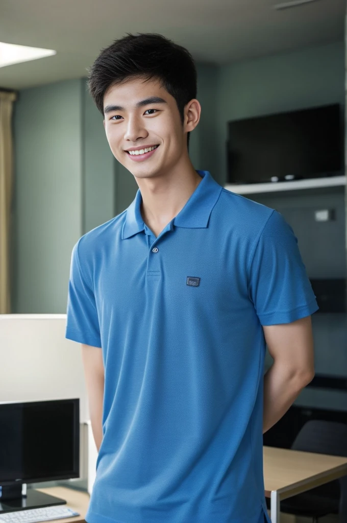 Korean man, Inspiration from Peng Yuyan, 23 years old, Korean muscular man ,The computer room is in the back, tight polo shirts., open mouth smile