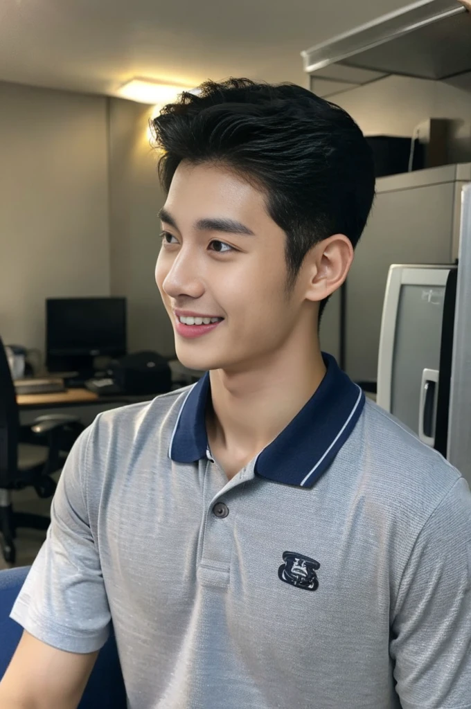 Korean man, Inspiration from Peng Yuyan, 23 years old, Korean muscular man ,The computer room is in the back, tight polo shirts., open mouth smile