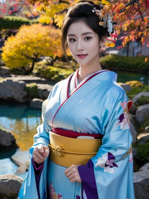 (Highest quality、 8k 、masterpiece、High resolution)、 Japanese painting、Vibrant colors、A woman wearing a kimono、Ample 、(Highly detailed face and eyes,Beautiful Face,Beautiful Eyes,Beautiful nose,Pretty lips)、Dynamic painting technique、Japanese garden、Autumn scenery、autumn leaves、Night Sky、moonlight、Detailed Description、