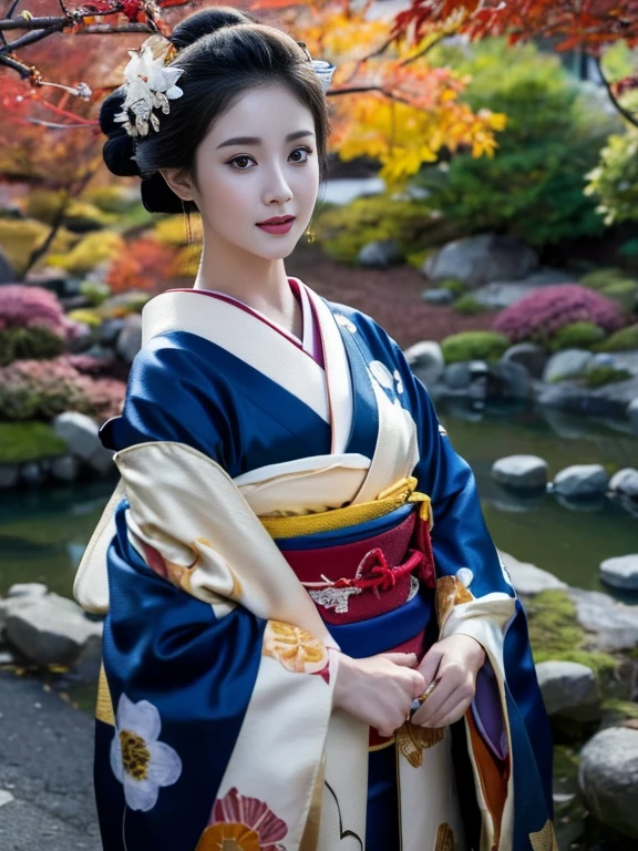 (Highest quality、 8k 、masterpiece、High resolution)、 Japanese painting、Vibrant colors、A woman wearing a kimono、Ample breasts、(Highly detailed face and eyes,Beautiful Face,Beautiful Eyes,Beautiful nose,Pretty lips)、Dynamic painting technique、Japanese garden、Autumn scenery、autumn leaves、Night Sky、moonlight、Detailed Description、