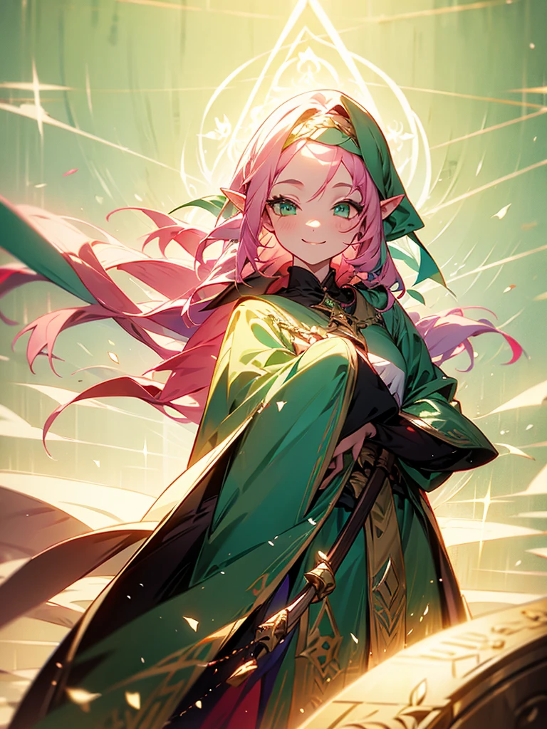 An elf girl with pink hair and green eyes. Her hair is long. There are strands or bangs on her forehead. Holding a large staff, wearing a cloak, smiling gently.