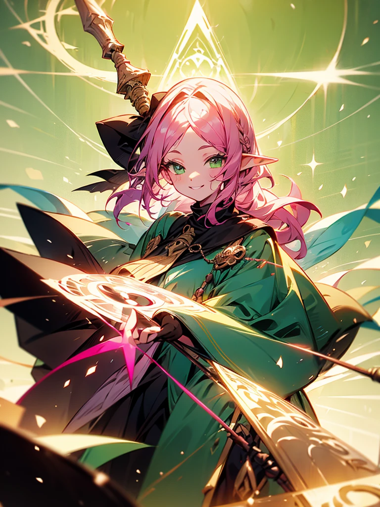 An elf girl with pink hair and green eyes. Her hair is long. There are strands or bangs on her forehead. Holding a large staff, wearing a cloak, smiling gently.
