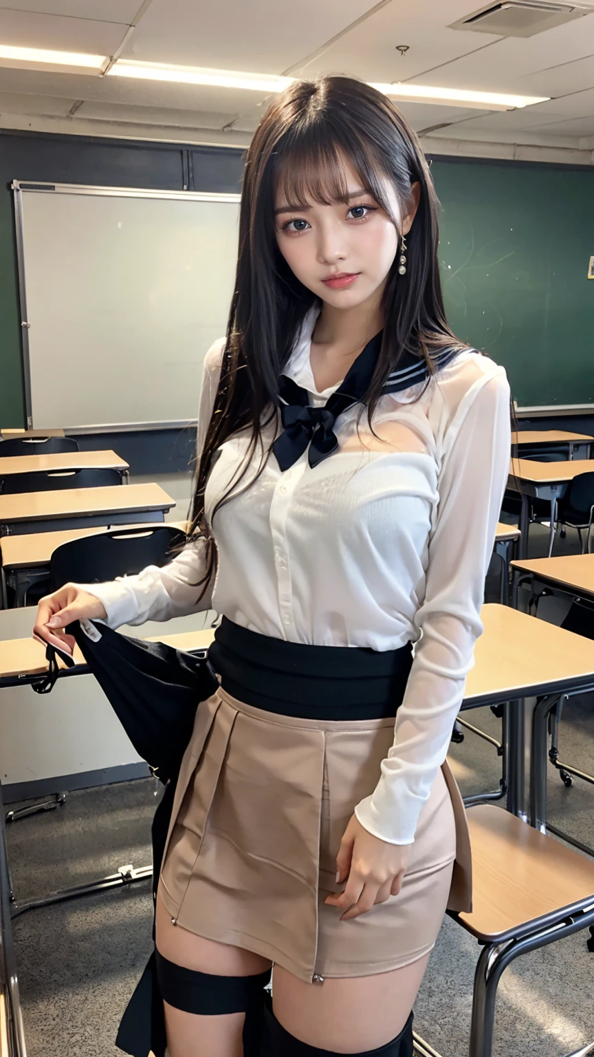 ((masterpiece, Highest quality)),Best aesthetics,One girl, , machine, Sitting, school machine, Black hair straight, classroom, Long Hair, indoor, Chair, View your viewers, :p, Focus Only, Brown eyes, mini skirt, Long sleeve, pencil, 1 boy, pencil case, paper, Seraph of the Black, Multiple Girls, セーラーの超mini skirt, Sailor collar, bangs, Headrest, school bag, school Chairに足を開いて座る,smile,(skirt lift:2.0),Knee-high socks,Showing off her black underwear,(see through:1.6),Wet Hair,Take off,pants on the knees,Big Breasts,(Underwear in the skirt is visible:1.4)