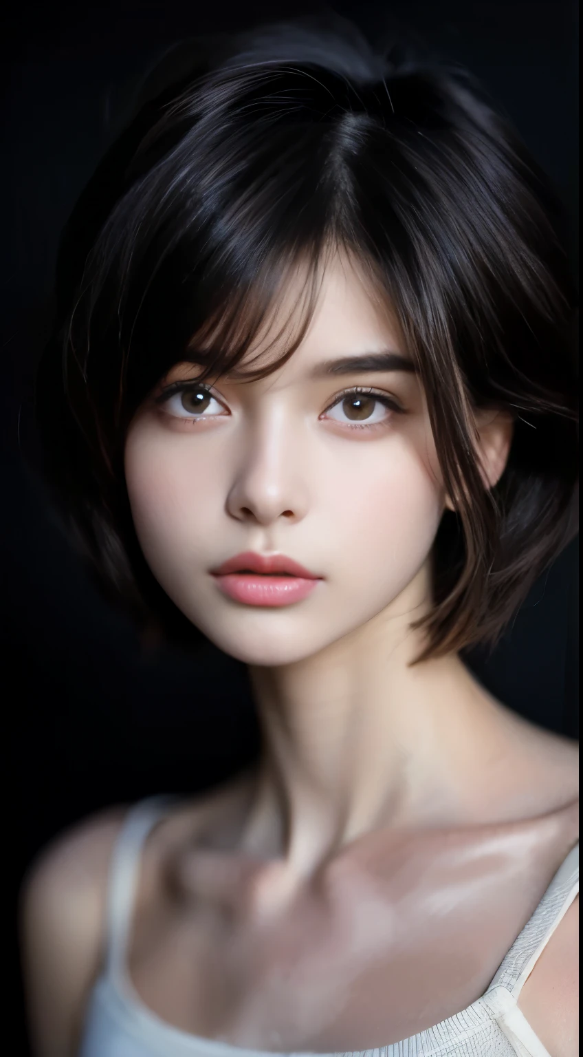 (high resolution,Practical) Short hair handsome tomboy girl, rugged, Ease: pencil drawing, Detailed facial features, Determine the expression, Dark background