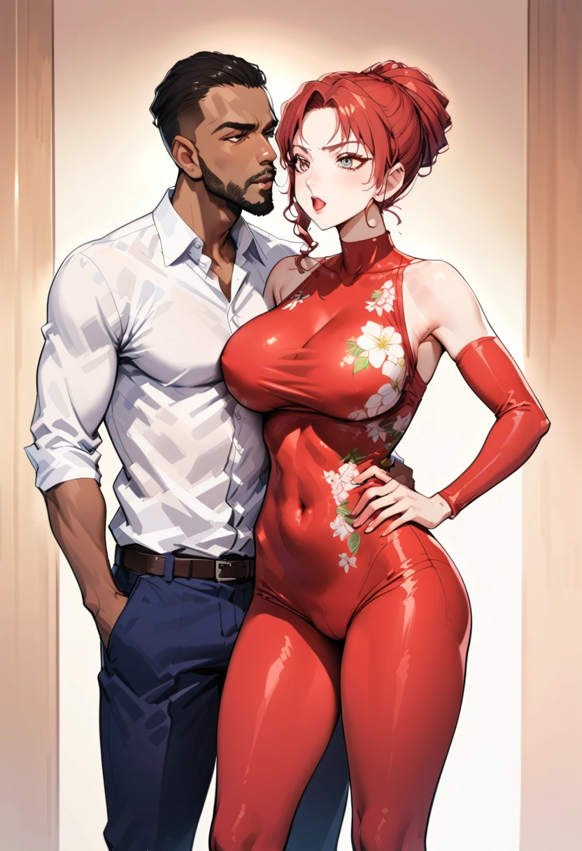 (ung man), (1 asian Mom), (Duet), A mom seduces a young blackman,(strong and naked black man,short pantuscle body,bodybuilder),(a young mom with big breasts,narrow waist,bare shoulders,(red catsuit dressed, floral print, naked), European 40 year old milfs and th1 young black man r, best quality:1.4), (Ultra-high resolution:1.2), (8K, RAW photos:1.2), Laurena Lexis, (1 Mom, 1 son), Moms showing off their curves, bend down, Wearing sexy clothes and shorts, and their young son, Clear eyes, A mother and her young son, ((French Kiss)) kiss eachother