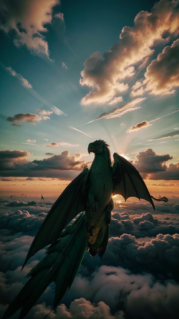 Sky picture, Sunset, instagram story material, aesthetic, clouds, birds, show less sky with large green dragon across the clouds
