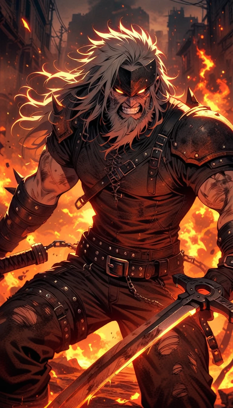 ((best quality)) , ((masterpiece)) , (detailed),weapon, armor, holding, long hair, facial hair, glowing eyes, 1boy, male focus, holding weapon, glowing, sword, outdoors, helmet, braid, teeth, fire, shoulder armor, pants, grey hair, beard, bangs, holding sword, muscular male, white hair,(((Grunge style , Textured, distressed, vintage, edgy, punk rock vibe, dirty, noisy)))