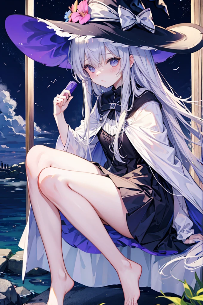 witch、Long silver hair、Summer clothes、Embarrassed