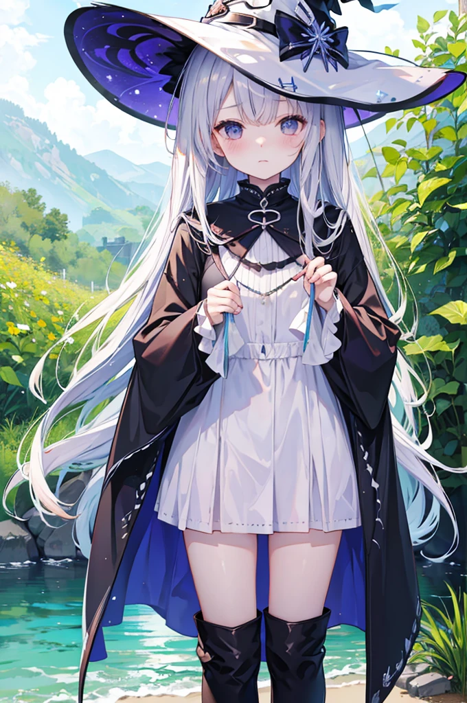 witch、Long silver hair、Summer clothes、Embarrassed