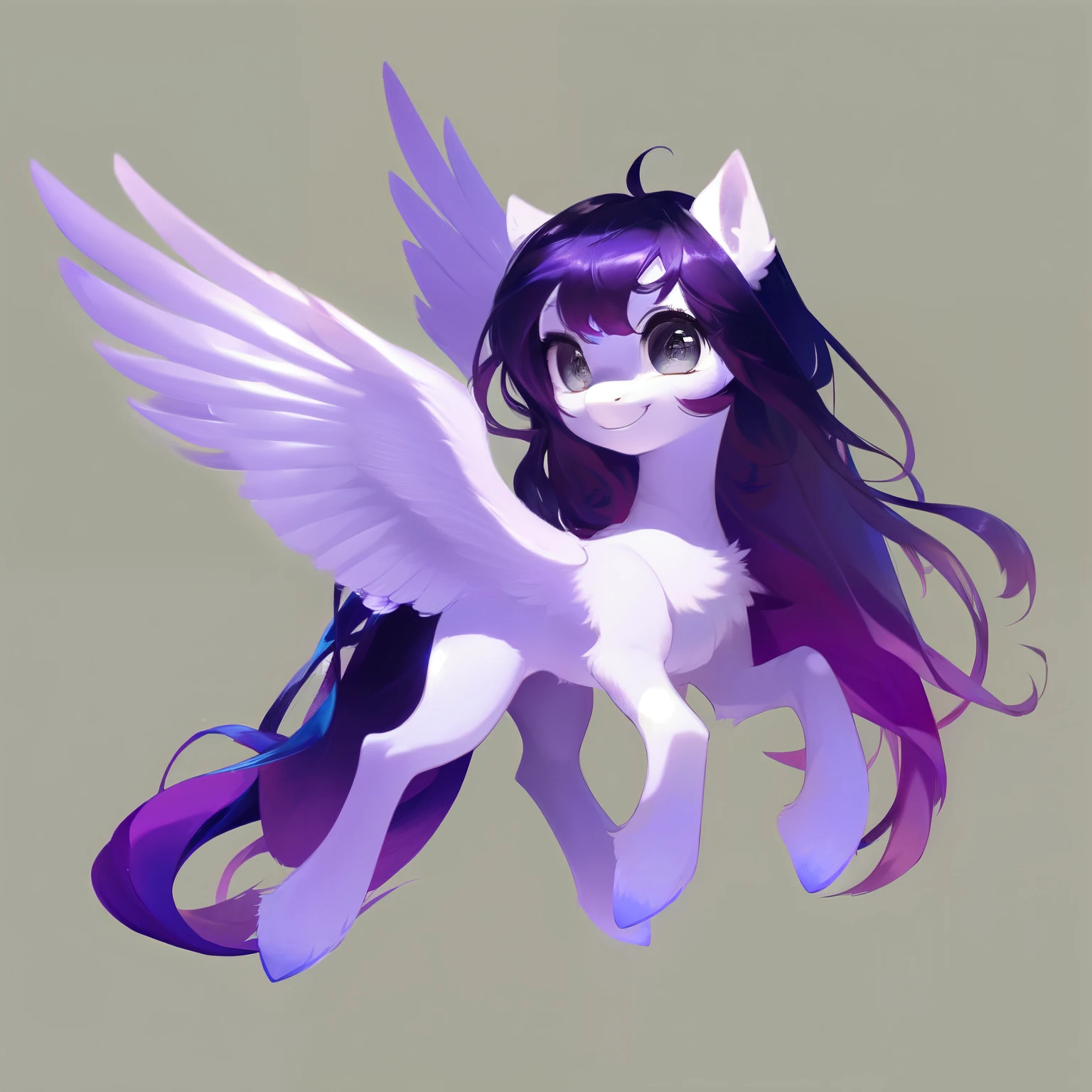 rating_safe, score_9, fluffy, feral pegasus pony, female,Purple body,Black purple mane,Wearing hair,Soft and fine long hair,清澈高傲带有几分温柔的Gray Eyes,Gray Eyes,Smile。Full body portrait