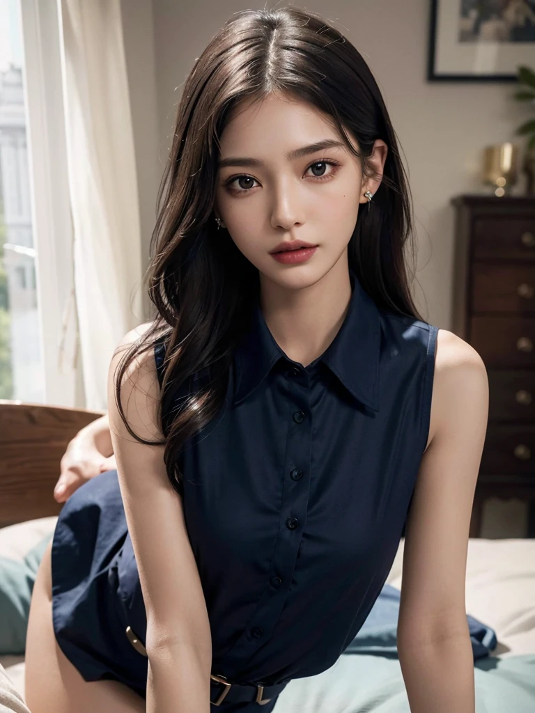 (full body shot:1.2), (whole legs:1.2), (collared navy button shirt dress:1.2), (sleeveless:1.2), absurdres, RAW photo, extremely delicate and beautiful, masterpiece, Best Quality, ultra high resolution, 32k, hyperrealistic, ultra-detailed, perfect anatomy, anatomically correct, perfect figure, Perfect Style, Perfect balance, super Detailed skin, in her 30s, very Slim body, narrow waist, very small head, very small face, delicate facial features, handsome detailed woman, very detailed eyes and face, realistic face proportions, Realistic beautiful face, Realistic beautiful eyes, tearful mole, earring, very huge round tits,medium hair, dark blonde hair, asymmetrical hair, indoor,