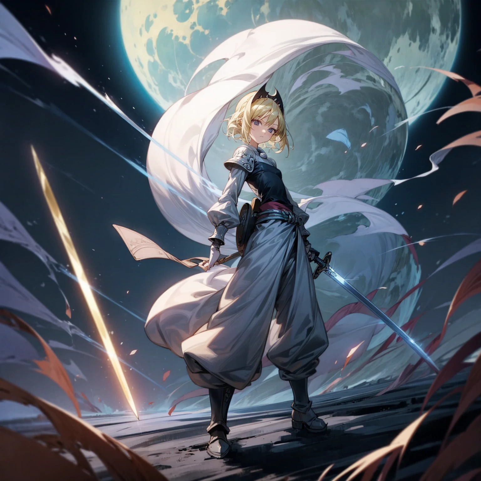 1girl, Full body version, 1character, black eyes, long Frizzy haircut, blonde colour hair, soldier knight clothing, long pants, headband, armors, boots, Grassroots, full background in field, motion blur, lighting, (one piece art), standing poses, sword in hand, lighting effect on sword, lighting blue on sword, fire effect, plasma effect, smoke effect moon, Moonlight, high angle view
