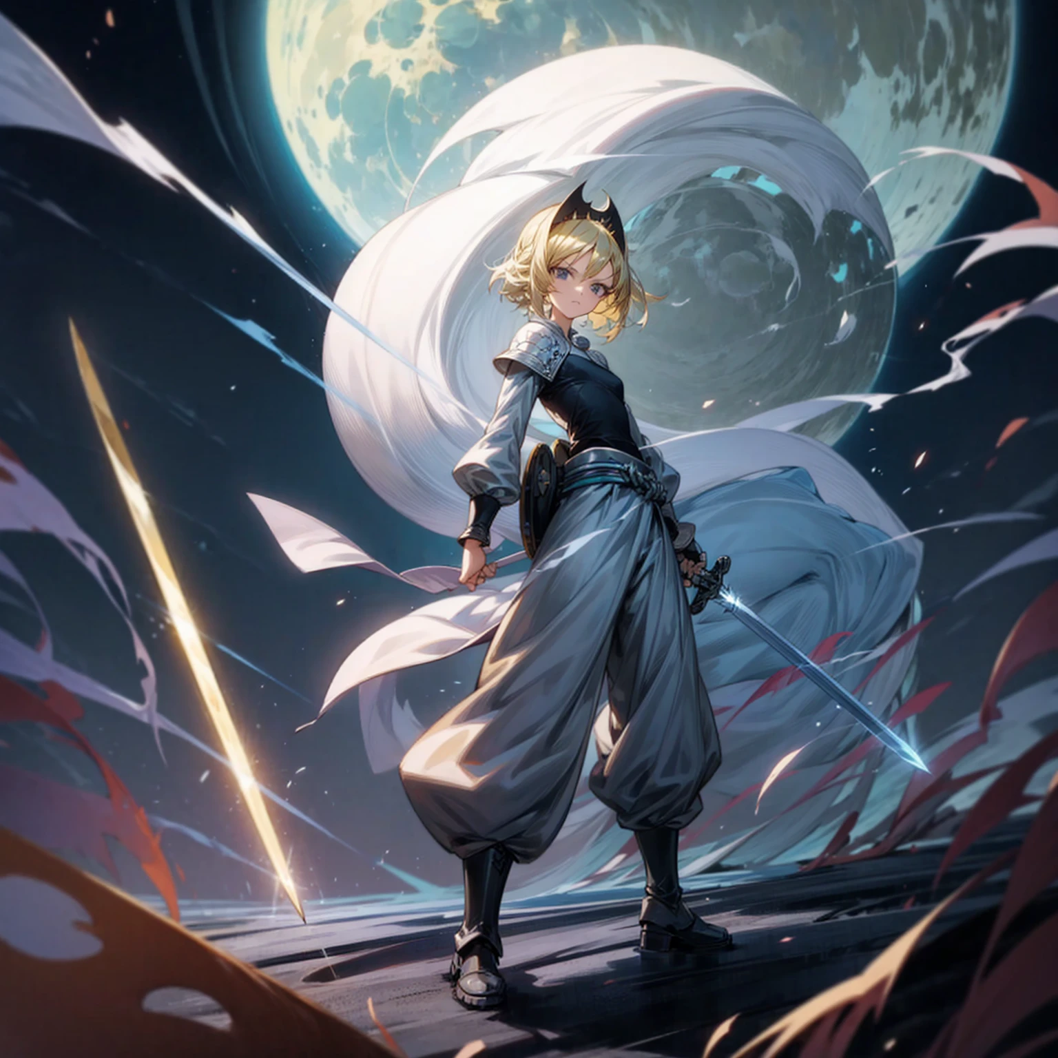 1girl, Full body version, 1character, black eyes, long Frizzy haircut, blonde colour hair, soldier knight clothing, long pants, headband, armors, boots, Grassroots, full background in field, motion blur, lighting, (one piece art), standing poses, sword in hand, lighting effect on sword, lighting blue on sword, fire effect, plasma effect, smoke effect moon, Moonlight, high angle view
