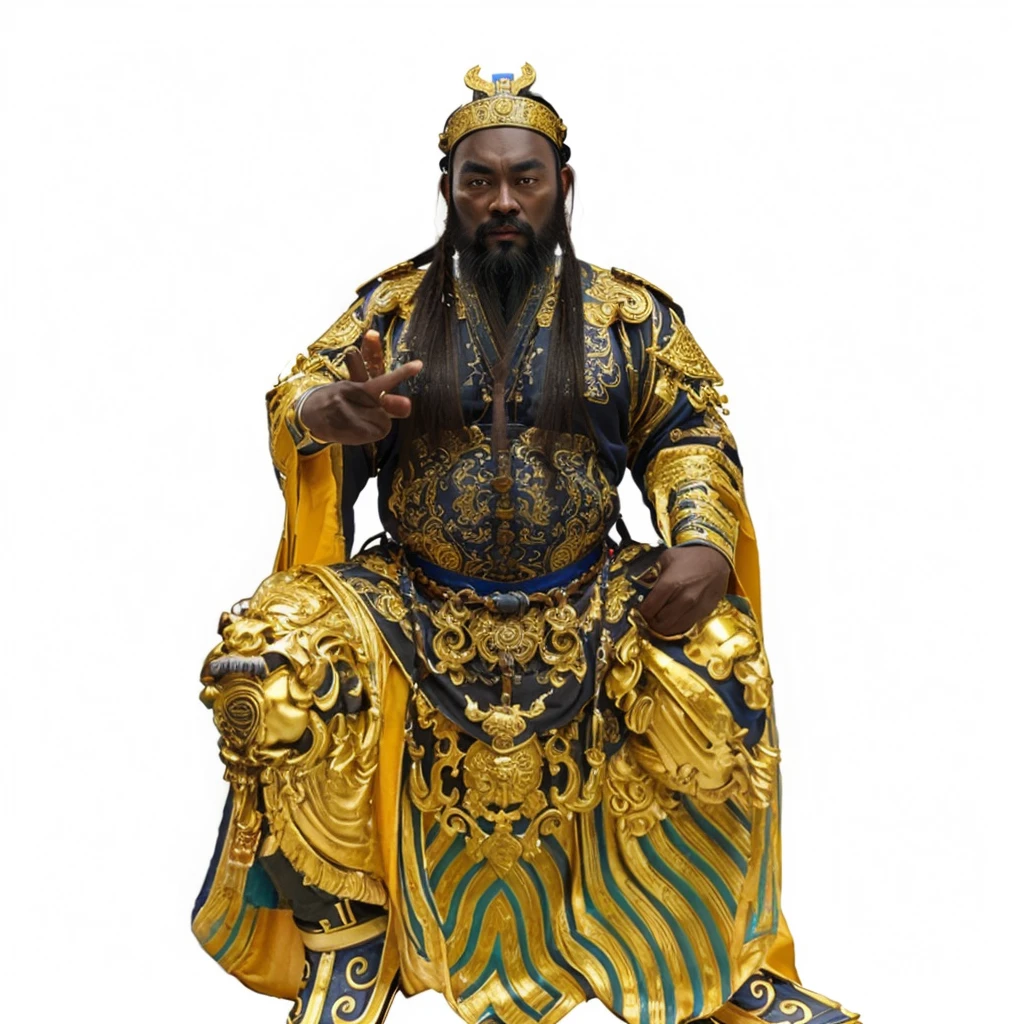 a black skin ancient chinese emperor, silky soft emperor rob, big eyes, thick eyebrow, holding a dark blue belt over chest, taoist priest, long beard, empty forehead, bald