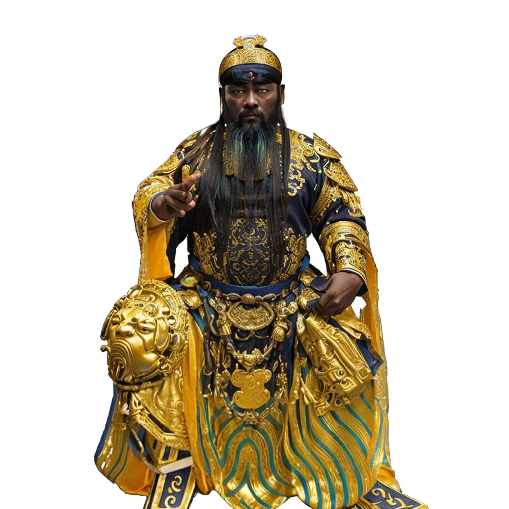 a black skin ancient chinese emperor, silky soft emperor rob, big eyes, thick eyebrow, holding a dark blue belt over chest, taoist priest, long beard, empty forehead, bald