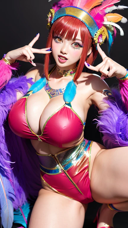 (hand)、8k、Ultra-high resolution、Highest quality、Tabletop、Ultra-high resolution、(Super huge giant chest、Toned body:1.18)、(Samba Carnival Costume with Feathers:1.5)、(Redhead:1.1)、Japanese women、very cute、(ahegao),(Eye rolling)、Squat、Spread your legs,High Kick、bikini、Outdoor、a sunny day、Many people々、Dancing the Samba