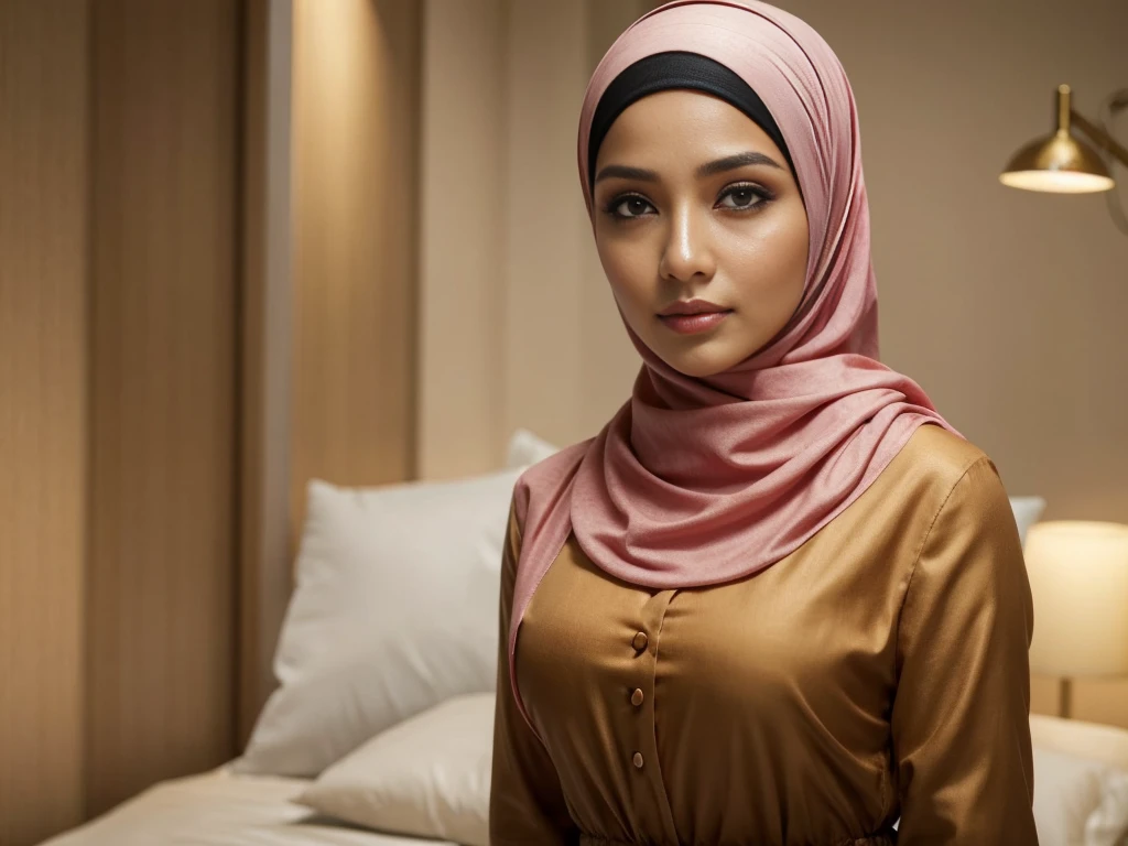 A Indonesian hijab female, in hospital, I'm a doctor. It emphasizes realism in every detail of the image, especially in the eyes. This official art Unreal 8k wallpaper a very detailed, beautiful, aesthetic masterpiece and of the highest quality. The use of dynamic angles shows the elegance and romanticism of the image. This character has big breasts, ((small head:1.2)) ((big breast:1.1)) ((hijab))"