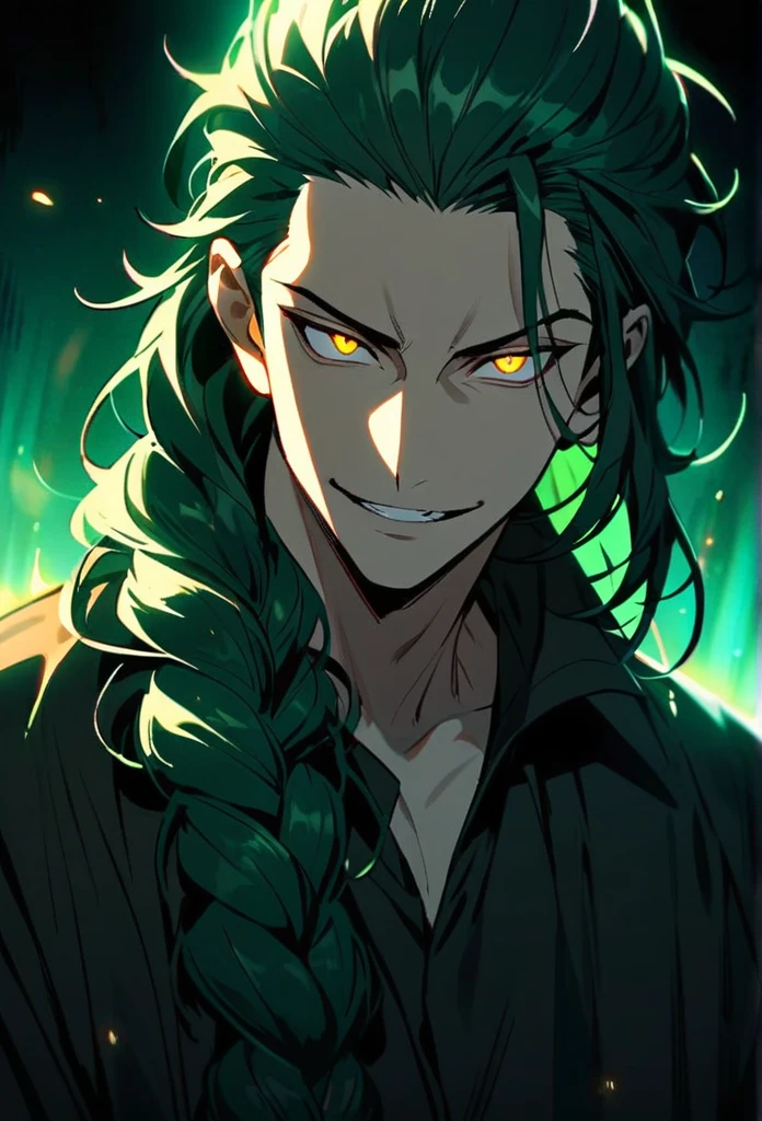 Handsome, solo, 1 man, dark green hair, yellow eyes, 1 man, handsome, male, long hair, detailed, Hair Slicked Back, Messy Hair, Hair Over Shoulder, Glowing Light, Bright Pupils, Smirk, Wide-Eyed, Evil Smile, Amber Eyes, braided hair