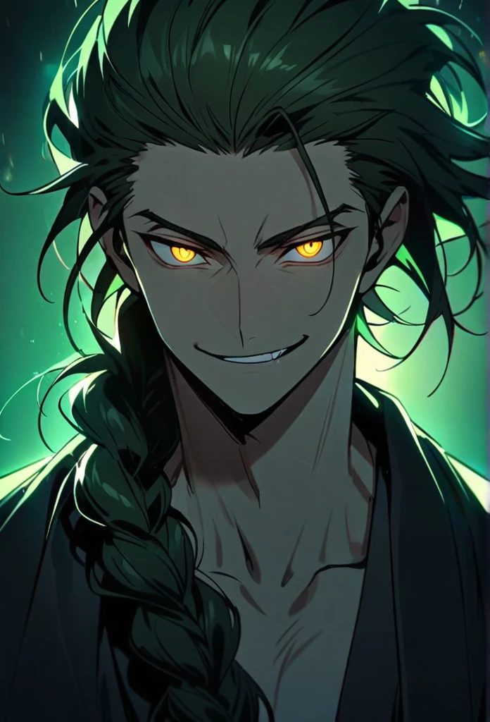 Handsome, solo, 1 man, dark green hair, yellow eyes, 1 man, handsome, male, long hair, detailed, Hair Slicked Back, Messy Hair, Hair Over Shoulder, Glowing Light, Bright Pupils, Smirk, Wide-Eyed, Evil Smile, Amber Eyes, braided hair