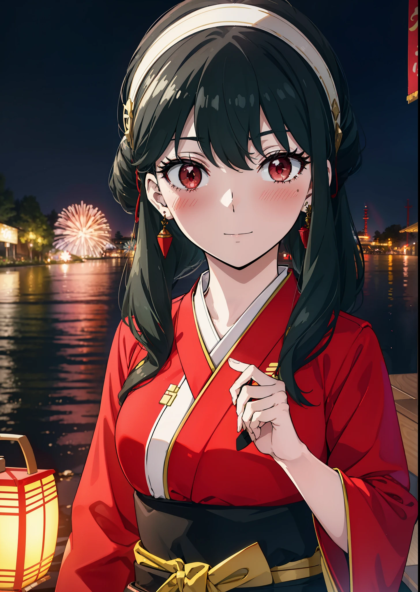 Yorbraia, Yor Briar, Black Hair, (Red eyes:1.5), Earrings, gold hair band, hair band,,smile,blush, Long Hair, Side Lock, (Mid-chest:1.2),Flower Hair Ornaments,black kimono,The place is a fireworks display,Time is night,Japanese Festivals，Summer festival food stalls、Red lantern　　　　　　　break　outdoors,shrine,
break looking at viewer, whole body,
break (masterpiece:1.2), Highest quality, High resolution, unity 8k wallpaper, (shape:0.8), (Beautiful attention to detail:1.6), Highly detailed face, Perfect lighting, Extremely detailed CG, (Perfect hands, Perfect Anatomy),