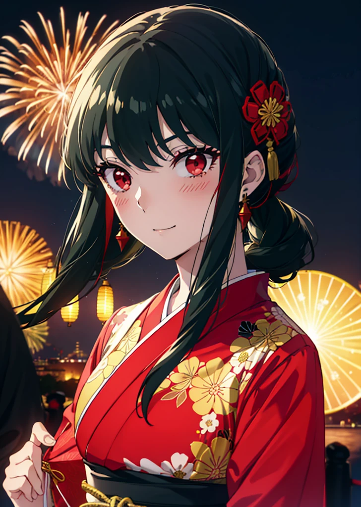 Yorbraia, Yor Briar, Black Hair, (Red eyes:1.5), Earrings, gold hair band, hair band,,smile,blush, Long Hair, Side Lock, (Mid-chest:1.2),Flower Hair Ornaments,black kimono,The place is a fireworks display,Time is night,Japanese Festivals，Summer festival food stalls、Red lantern　　　　　　　break　outdoors,shrine,
break looking at viewer, whole body,
break (masterpiece:1.2), Highest quality, High resolution, unity 8k wallpaper, (shape:0.8), (Beautiful attention to detail:1.6), Highly detailed face, Perfect lighting, Extremely detailed CG, (Perfect hands, Perfect Anatomy),