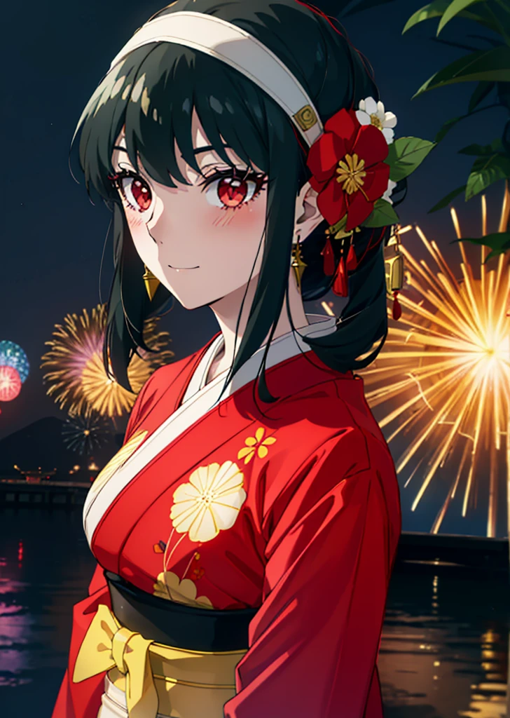 Yorbraia, Yor Briar, Black Hair, (Red eyes:1.5), Earrings, gold hair band, hair band,,smile,blush, Long Hair, Side Lock, (Mid-chest:1.2),Flower Hair Ornaments,black kimono,The place is a fireworks display,Time is night,Japanese Festivals，Summer festival food stalls、Red lantern　　　　　　　break　outdoors,shrine,
break looking at viewer, whole body,
break (masterpiece:1.2), Highest quality, High resolution, unity 8k wallpaper, (shape:0.8), (Beautiful attention to detail:1.6), Highly detailed face, Perfect lighting, Extremely detailed CG, (Perfect hands, Perfect Anatomy),