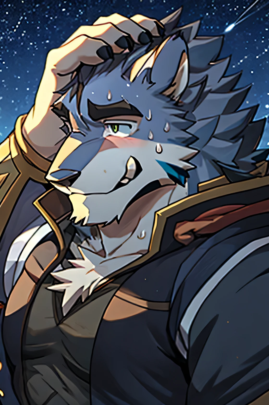 delga、Starry Sky,night,Shy expression,Sweat,Emphasized eyes,touch your head with one hand、Mature man、Gray fur、Physically strong、fantasy style