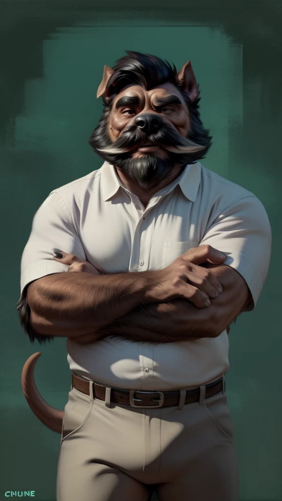 by chunie by catsudon by retros, male,upset,((annoyance)),(( male)),((Bearded)),((Mustache)), Canid, solo,(musuclar), ((BullDog,tail)),(black hair), facial hair, facing viewer, ((Highly detailed face)), (((daddy Figure))), ((smilling)), green abstract background, ((white shirt)),((short pants)),((((wise)))),((DILF)),
