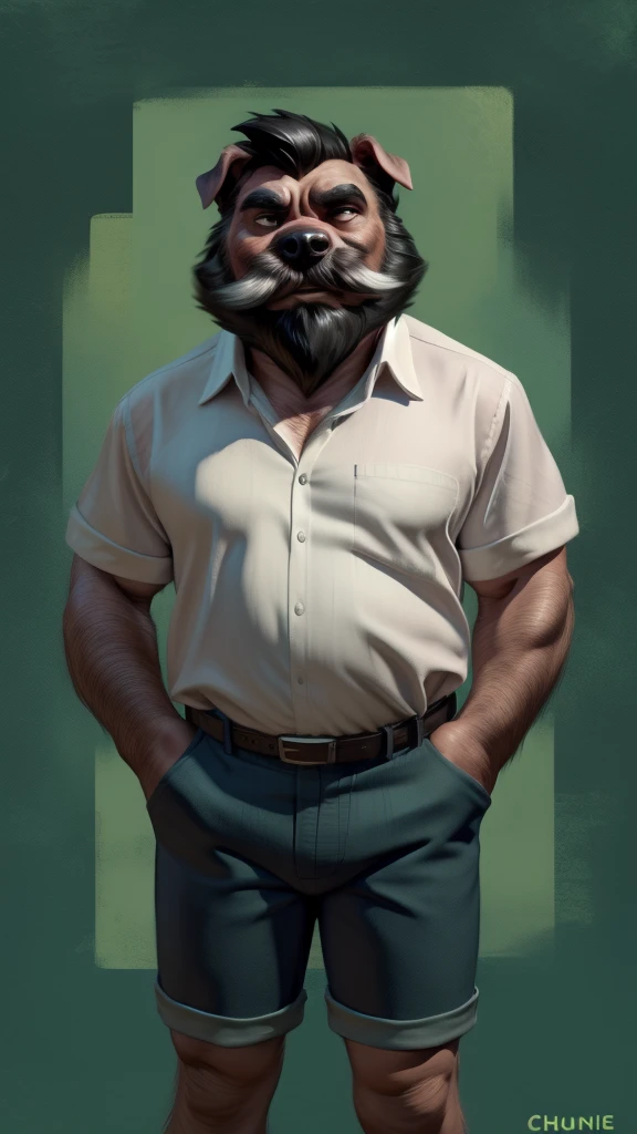 by chunie by catsudon by retros, male,upset,((annoyance)),((middle aged male)),((Bearded)), Canid, solo,(musuclar), ((BullDog,tail)),(black hair), facial hair, facing viewer, ((Highly detailed face)), (((daddy Figure))), ((smilling)), green abstract background, ((white shirt)),((short pants)),((((wise)))),((DILF)),
