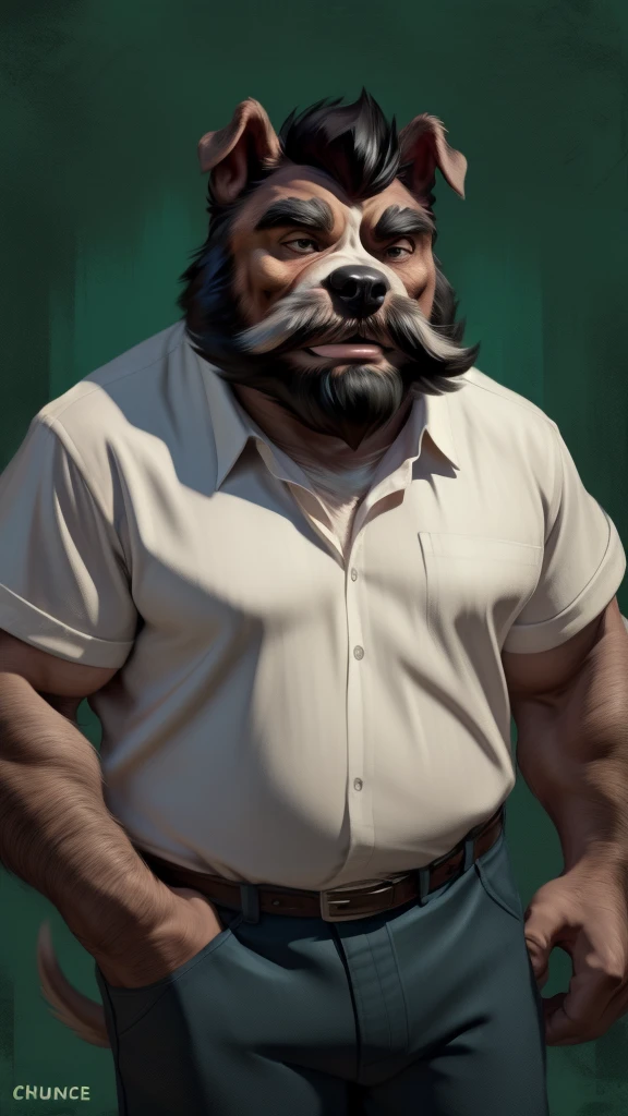 by chunie by catsudon by retros, male,upset,((annoyance)),((middle aged male)),((Bearded)),((Mustache)), Canid, solo,(musuclar), ((BullDog,tail)),(black hair), facial hair, facing viewer, ((Highly detailed face)), (((daddy Figure))), ((smilling)), green abstract background, ((white shirt)),((short pants)),((((wise)))),((DILF)),
