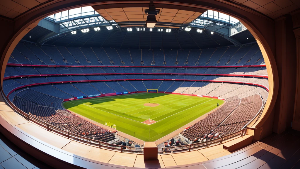 battle arena outside view, stadium,city, wide view, fisheye effect, vibrant color, art work, HD quality