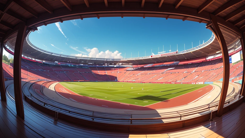 battle arena outside view, stadium,city, wide view, fisheye effect, vibrant color, art work, HD quality