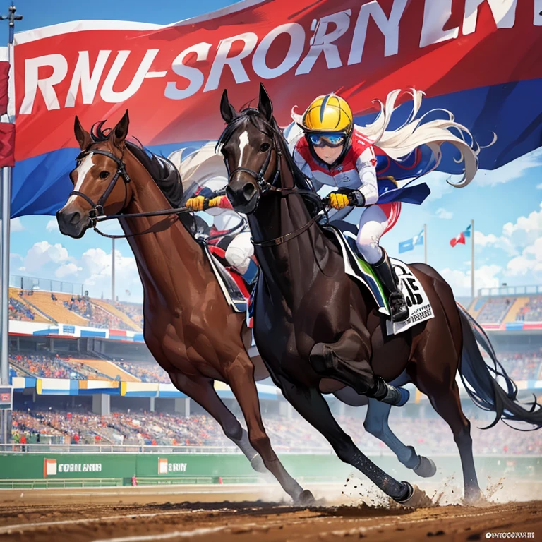 "Create an ultra-high resolution (33554432K) watercolor illustration depicting the dramatic moment when racehorses are neck-and-neck at the finish line. Emphasize the intricate details of the horses, the jockeys, and the dynamic energy of the race to create a powerful and captivating image that captures the intensity and beauty of this high-stakes moment.
Central Focus:
The Horses: Multiple racehorses in full stride, muscles rippling and manes flying.
The Jockeys: Determined jockeys leaning forward, urging their mounts towards the finish line.
Finish Line: The visible finish line with a photo finish camera and cheering crowd in the background.
Character Details - The Horses:
Physical Features: Detailed muscle definition, veins, and sweat glistening on their coats.
Manes and Tails: Flowing and dynamic, capturing the movement and speed.
Expressions: Intense focus and determination in the horses' eyes.
Character Details - The Jockeys:
Facial Expressions: Intense concentration, determination, and effort.
Body Postures: Leaning forward, reins tight, bodies tensed for maximum speed.
Clothing: Colorful silks with intricate patterns and sponsor logos, helmets, and goggles.
Environmental Elements:
Track:
Detailed dirt or turf surface with visible hoof prints and kicked-up debris.
White railings and track markers.
Finish line banner and photo finish camera.
Background:
Cheering crowd with blurred faces to emphasize motion.
Grandstands, flags, and possibly a scoreboard.
Lighting and Atmosphere:
Natural Light: Bright, sunny day with strong highlights and shadows.
Reflections: Light reflecting off the horses' coats and jockeys' silks.
Atmosphere: Dust and dirt particles in the air, adding to the sense of speed and motion.
Color Palette:
Horses: Varied natural coat colors (bays, chestnuts, grays) with a glossy sheen.
Jockeys: Vibrant, contrasting colors for silks, adding visual interest.
Environment: Natural earth tones for the track and muted colors for the background to focus a