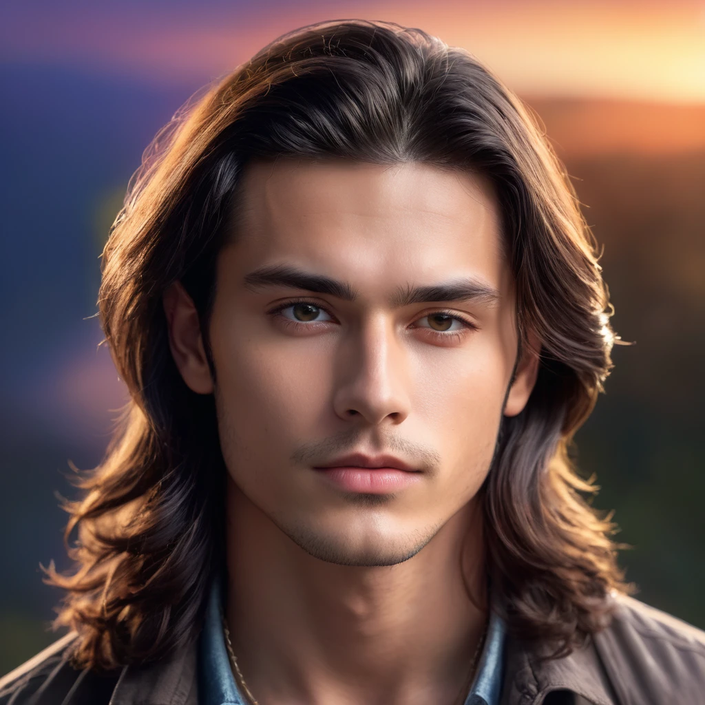 a photorealistic album cover, handsome young man with long dark hair, gazing upward with a thoughtful expression, detailed facial features, (1 man), (best quality,4k,8k,highres,masterpiece:1.2),ultra-detailed,(realistic,photorealistic,photo-realistic:1.37),dramatic lighting, glowing aura, atmospheric, cinematic, digital art, vibrant colors, sharp focus