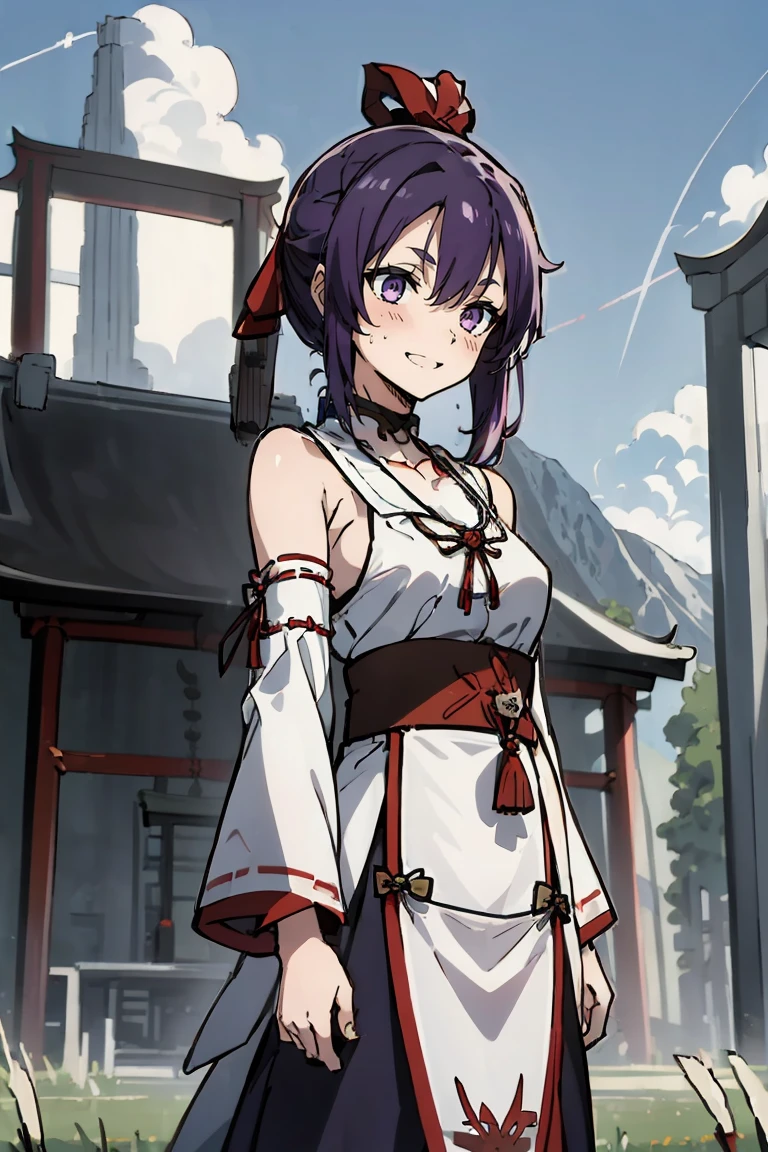 (masterpiece:1.2), (high quality:1.2), reo mikage, blue lock, girls with((1girl, solo, purple hair, (medium hair, right swept bangsone side up, hair ribbon, hair bow:1.55), bare shoulder, blush, breasts, black sleeves, choker, cleavage, cowboy shot, collar, collarbone, rosary, rosary choker, cross, white clothes, blouse, sleeveless, neck ribbon, big ribbon, cheongsam, cinderella dress, long dress, frill pannier, leggings, boots, sandals, bare feet)), background with((architecture, blue sky, bush, castle, village, no humans, cloud, cloudy sky, day, field, garden, grass, hill, house, lamppost, landscape, mountain, mountainous horizon, nature, no humans, outdoors, scenery, shrine, sky:2.0))