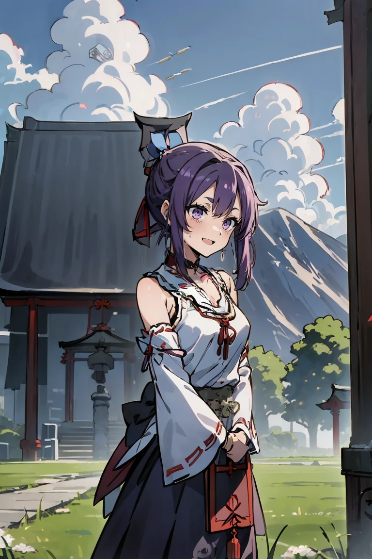 (masterpiece:1.2), (high quality:1.2), reo mikage, blue lock, girls with((1girl, solo, purple hair, (medium hair, right swept bangsone side up, hair ribbon, hair bow:1.55), bare shoulder, blush, breasts, black sleeves, choker, cleavage, cowboy shot, collar, collarbone, rosary, rosary choker, cross, white clothes, blouse, sleeveless, neck ribbon, big ribbon, cheongsam, cinderella dress, long dress, frill pannier, leggings, boots, sandals, bare feet)), background with((architecture, blue sky, bush, castle, village, no humans, cloud, cloudy sky, day, field, garden, grass, hill, house, lamppost, landscape, mountain, mountainous horizon, nature, no humans, outdoors, scenery, shrine, sky:2.0))