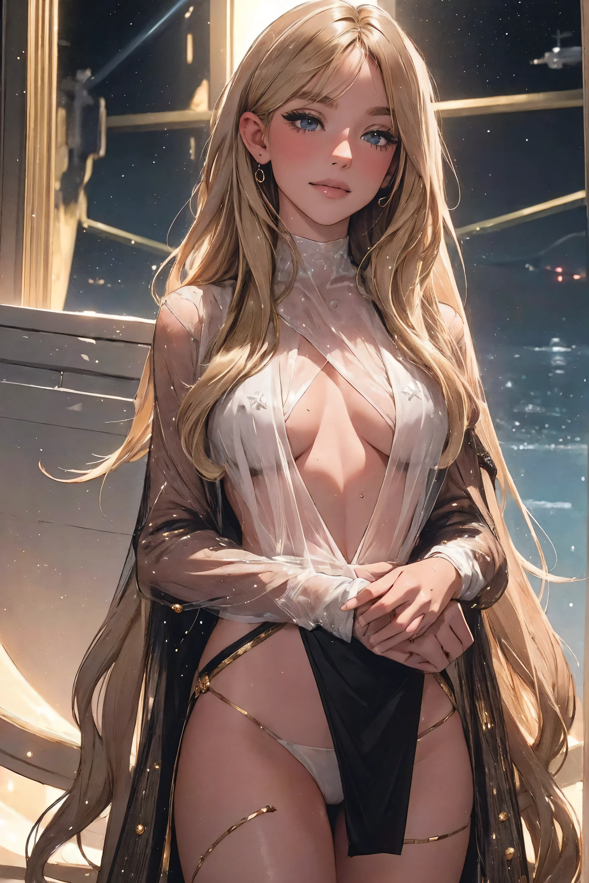 ((((masterpiece, best quality, high resolution)))), Extremely detailed 8K, Beautiful girl with slender body, e-girl, (Ultra HD, Ultra-detailed, Highly detailed, Highly realistic, Ultra-realistic, photograph realistic), (1girl:1.5), (Realistic blonde hair with dark roots), wavy hair, boho bob cut,(dark makeup, pink eyeshadow), facing at camera, light smile, (white and gold outfit, see through clothes, wet skin, transparent). (space cruise), coy grin
