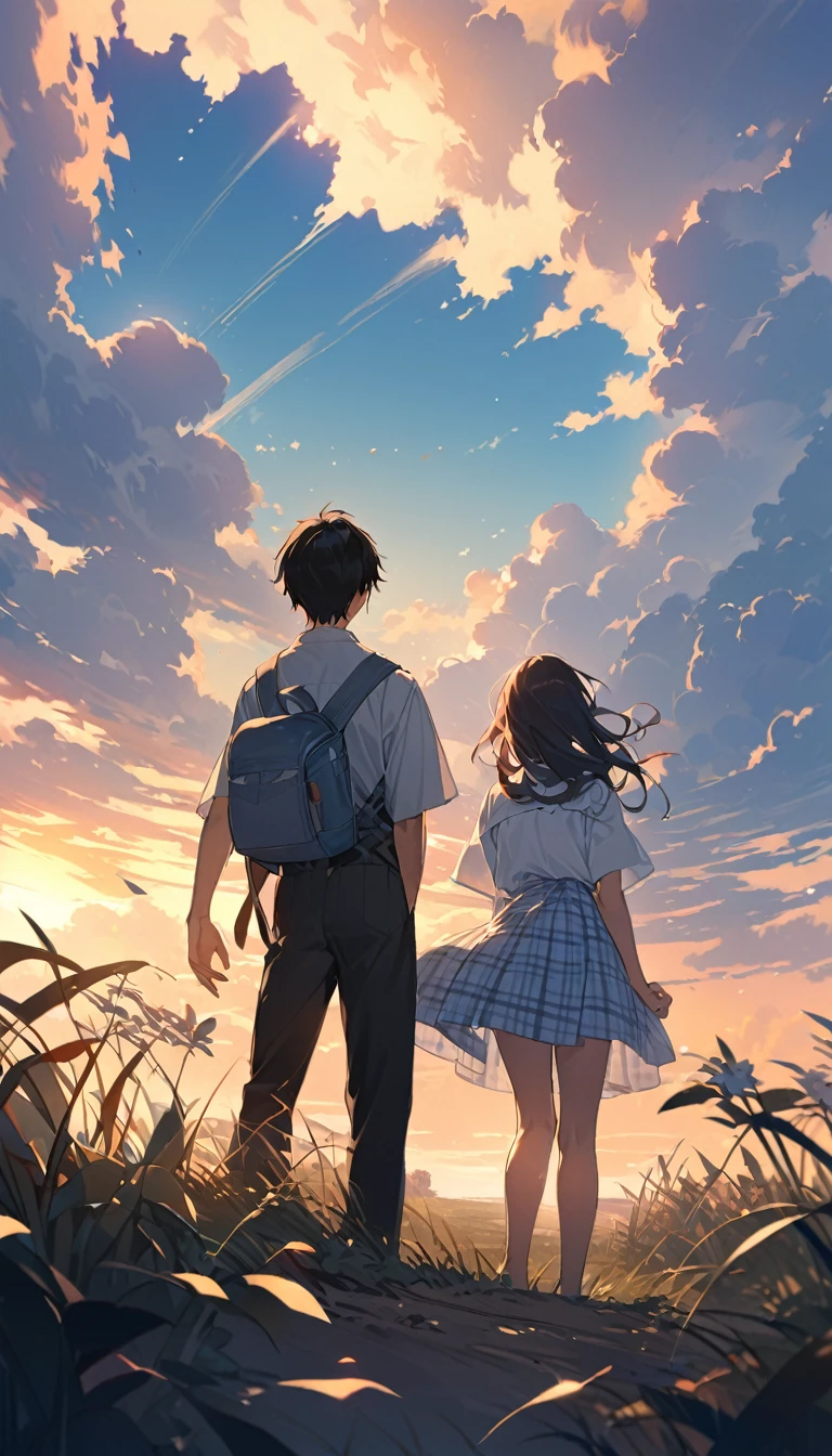 Under the blue sky and white clouds、Two young people in silhouette standing side by side。They are illuminated by the soft light of the evening、The clouds in the background create a pleasant scene.。The sky is clear、A few clouds floated、A band of white clouds can be seen on the horizon。They both wear uniforms.、Boys in shirts and pants、The girl is wearing a blouse and a plaid skirt。The girl is carrying a backpack on her back。There is low grass and some small plants on the ground.。Paintings inspired by Makoto Shinkai, Beautiful anime scenery、Ultra-realistic, Anime movie background, Pixiv Topics、Her hair is fluttering in the wind、The view is the main focus、The sky is clear blue、Place々White clouds are floating in the sky。
The soft evening light casts the two of them in silhouette.。
The boy is wearing a white shirt and black pants。
The girl is wearing a white blouse and a plaid skirt.、He is carrying a black backpack on his back。
The ground is dotted with low grass and small plants.。
The two of them stand side by side、Gazing into the distance