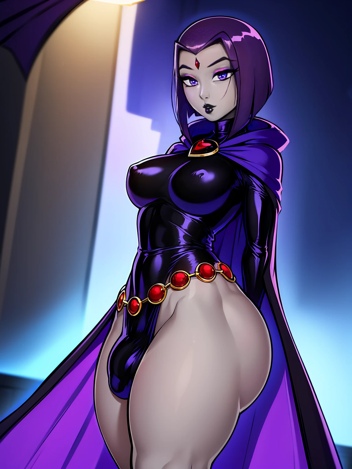 (solo:1.1),(masterpiece), (best quality:1.3), ultra detailed, intricate, (nice hands:1.4), professional art, digital art, absurdres, shadraven, (Full body view:1.1), 1girl, solo, (grey skin:1.4), dark purple hair, bob hair, purple eyes, hips wider than shoulders, pear shaped body, jewellery, detailed thighs, thick thighs, red jewel in forehead, jewels, (long sleeved turtleneck leotard:1.3), cuffs, small breasts, (shadraven cloak), (Shadraven broach:1.2), Shadraven jewel belt, Shadraven wearing a long sleeved leotard outside at night, long legs, ( long crotch bulge:1.4), large penis, large testicles, side view, looking at viewer, bubble butt , gluteal crease, universal lighting,,