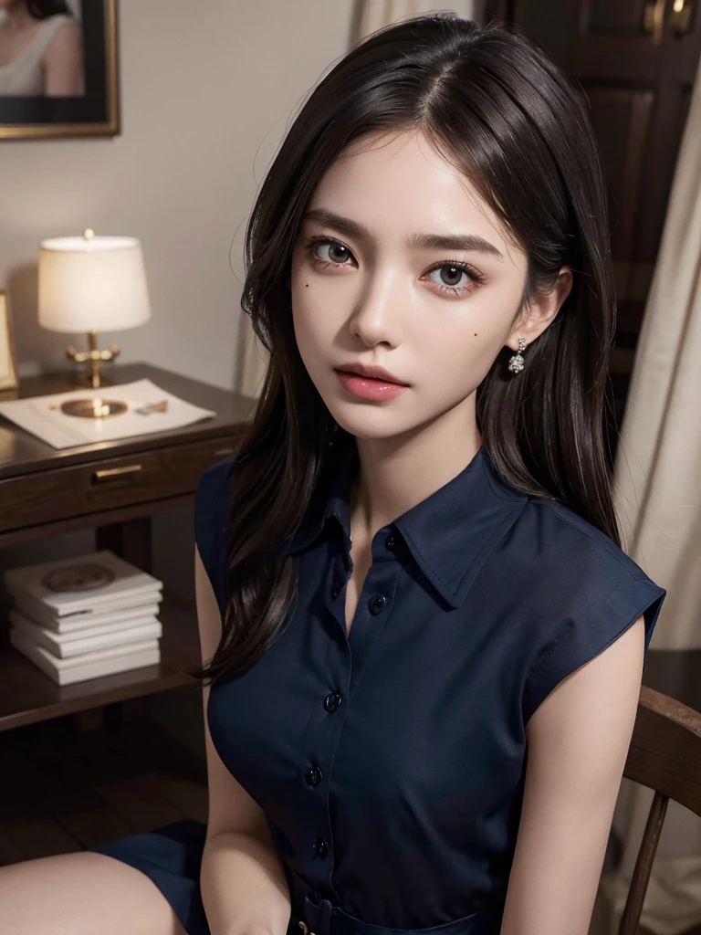 absurdres, RAW photo, extremely delicate and beautiful, masterpiece, Best Quality, ultra high resolution, 32k, hyperrealistic, ultra-detailed, perfect anatomy, anatomically correct, perfect figure, Perfect Style, Perfect balance, super Detailed skin, in her 30s, very Slim body, narrow waist, very small head, very small face, delicate facial features, handsome detailed woman, very detailed eyes and face, realistic face proportions, Realistic beautiful face, Realistic beautiful eyes, tearful mole, earring, very huge round tits, (full body shot:1.2), (whole legs:1.2), medium hair, dark blonde hair, asymmetrical hair, indoor, (collared navy button shirt dress:1.2), (sleeveless:1.2),