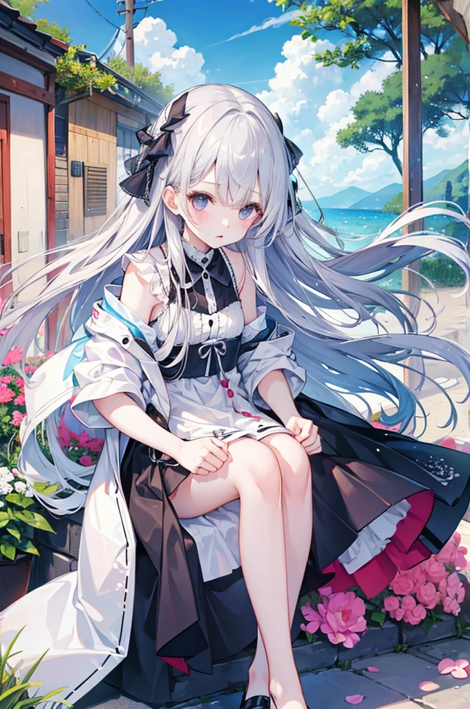 (sitting),(bow),(silver hair),(long hair),(light red eyes),hreat in the eyes,(white fourpetal flower hair ornament:1.1),(blush),bangs,(a girl in[(nightdress):(((no socks))):0.4]:1.2),(bare shoulder),collarbone,(white thighhighs:1.2),frilled sleeves,looking at viewer,[(night:1.2),peaceful,sky,((full moon)),stars,house,town,(in a courtyard),water drop,pond,(near by the pond),tree,flower request,wind::0.6],(lridescent light refraction),(floating pink petals:1.2),dreamy